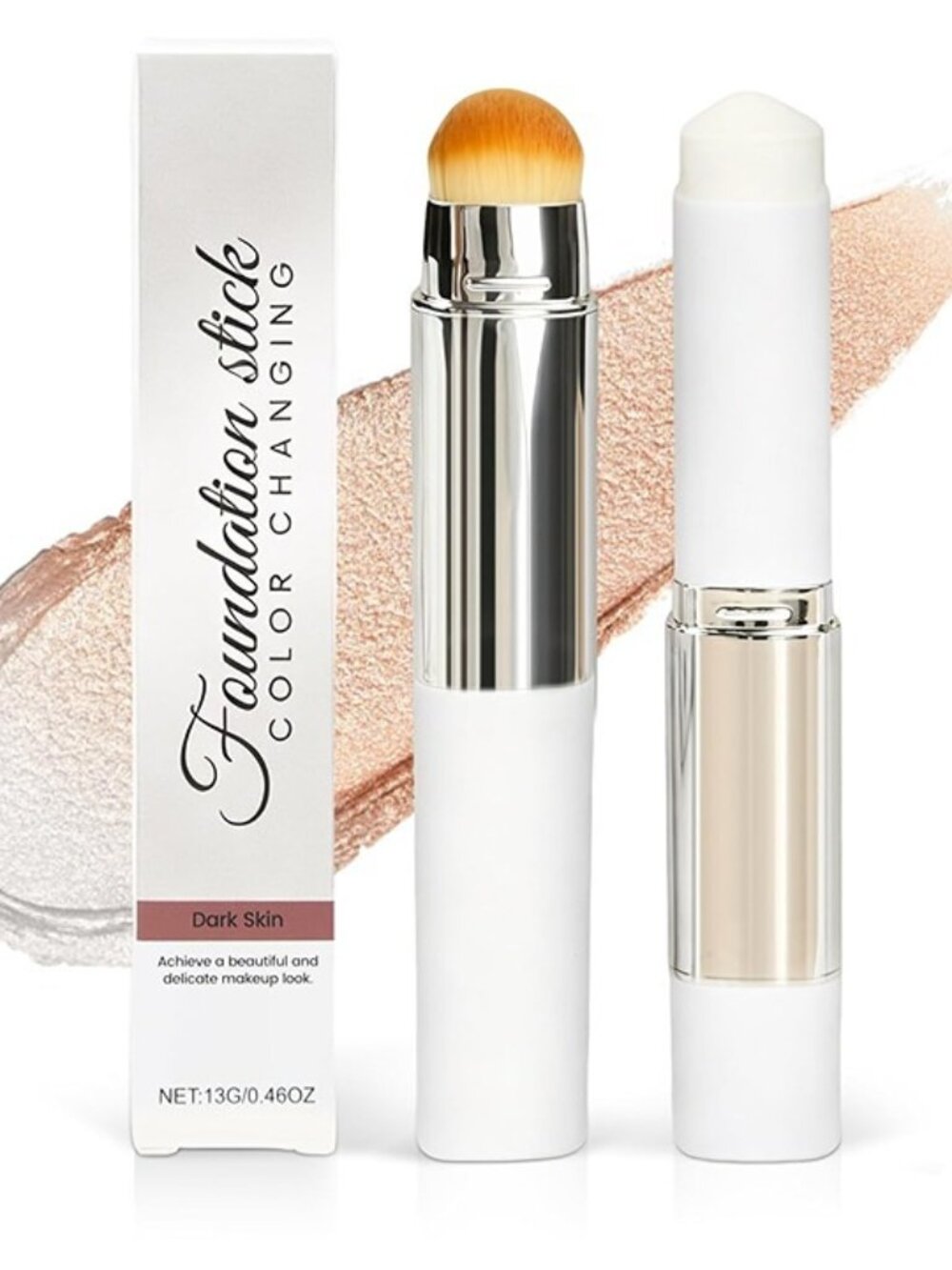 Color-Changing Foundation Stick with Brush, 2-in-1 Makeup & Concealer Dark Skin